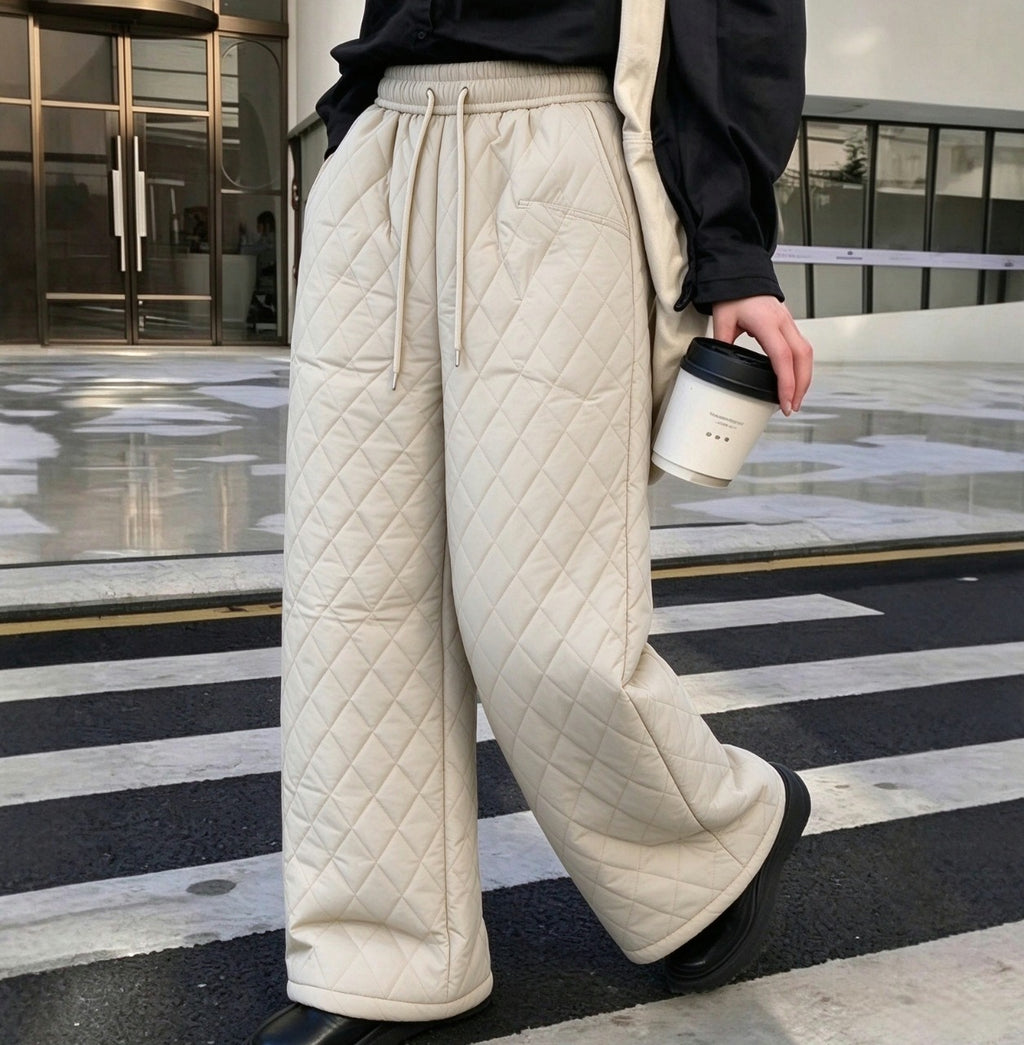 Diamond Quilted Sherpa Lined Drawstring Wide Leg Pants - Beige - 2