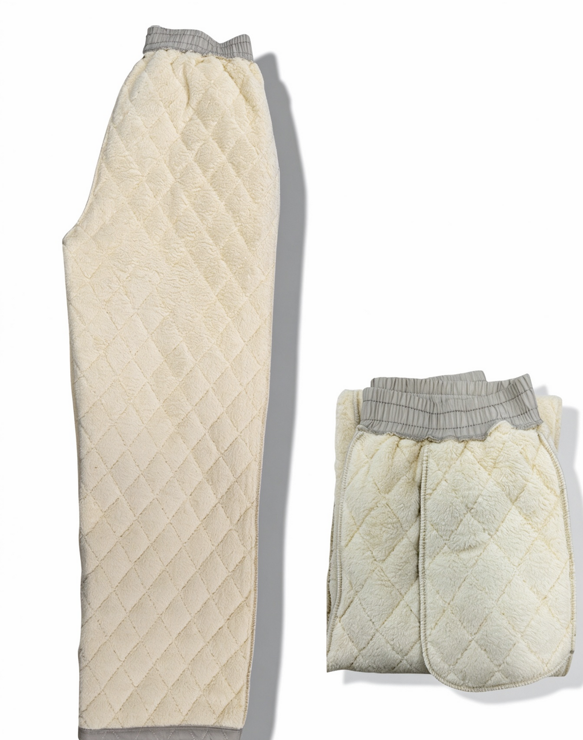 Diamond Quilted Sherpa Lined Drawstring Wide Leg Pants - Beige - 3