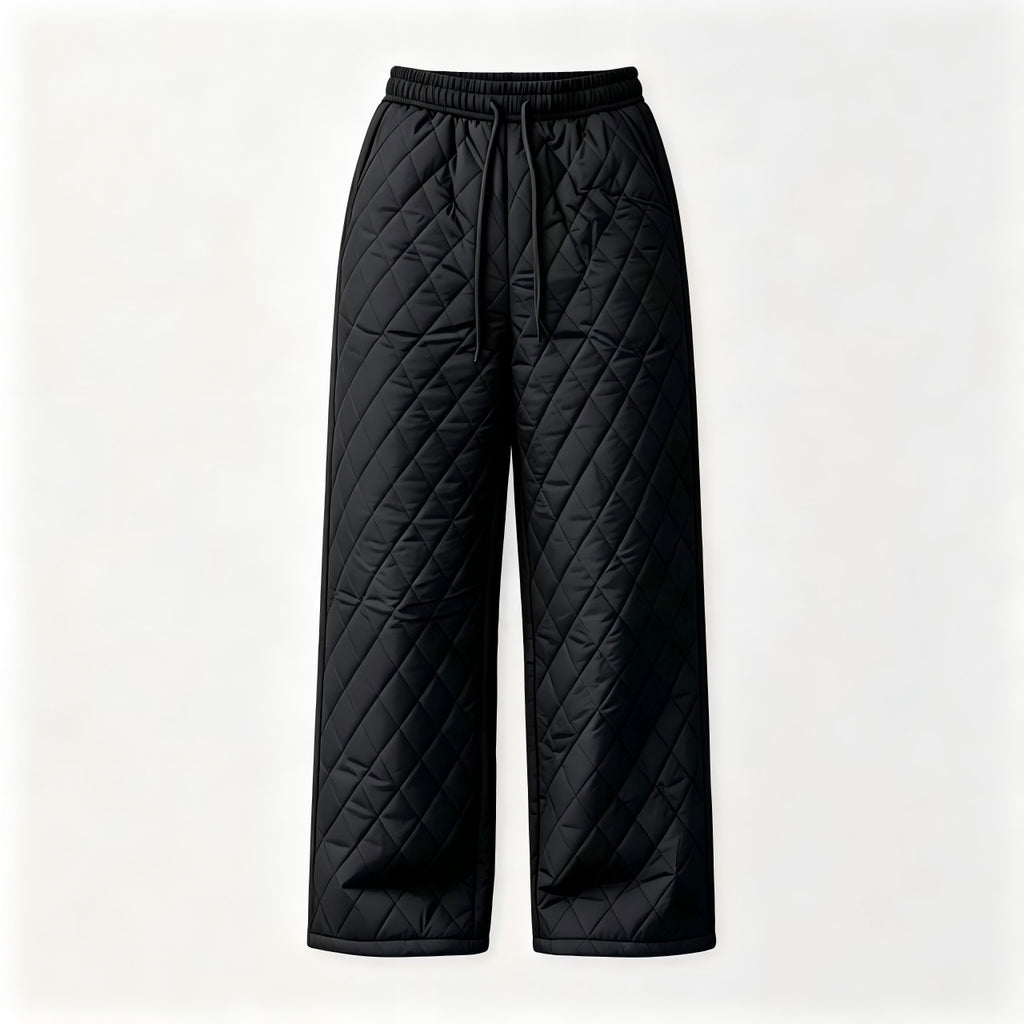 Diamond Quilted Sherpa Lined Drawstring Wide Leg Pants - Black