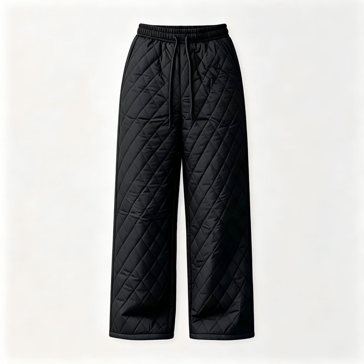 Diamond Quilted Sherpa Lined Drawstring Wide Leg Pants - Black