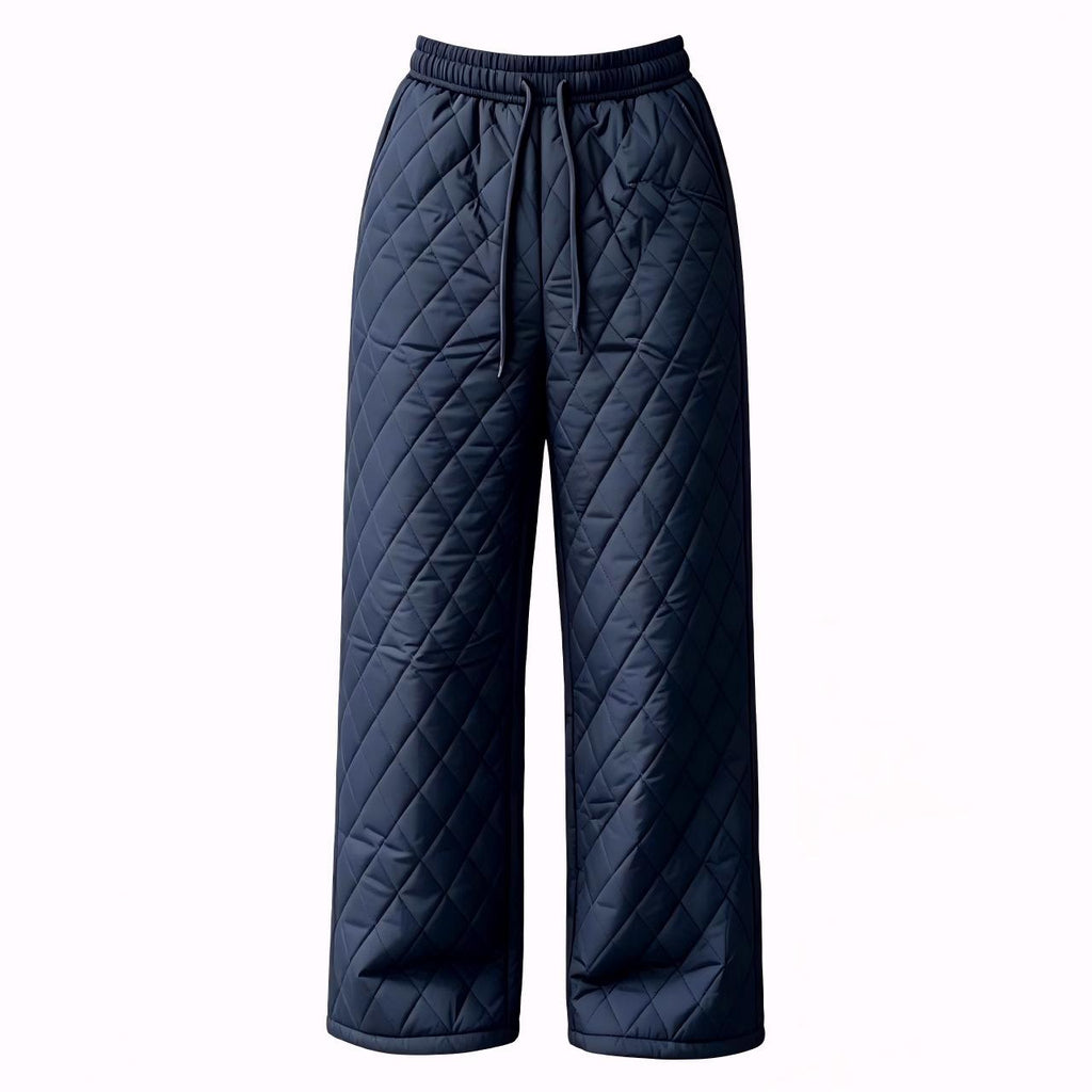 Diamond Quilted Sherpa Lined Drawstring Wide Leg Pants - Blue