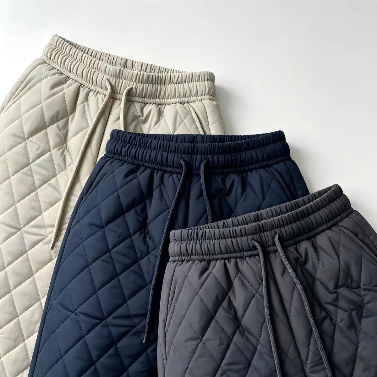 Diamond Quilted Sherpa Lined Drawstring Wide Leg Pants - Blue - 1