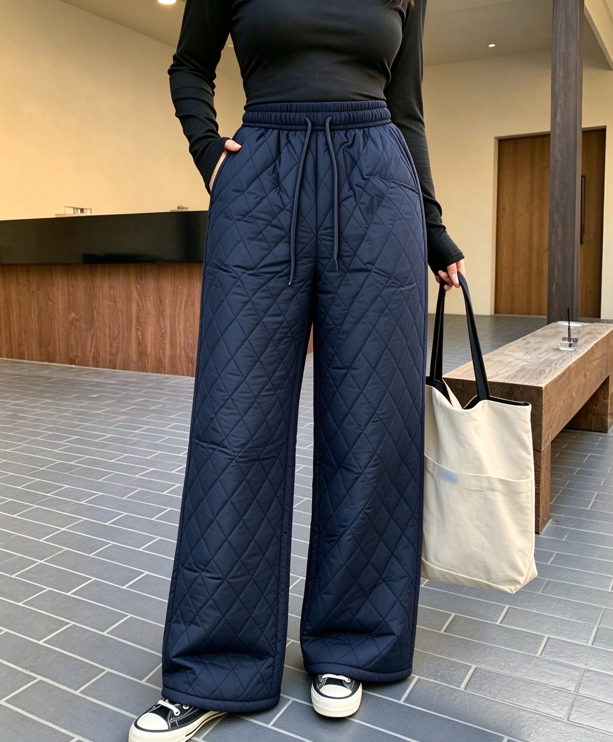 Diamond Quilted Sherpa Lined Drawstring Wide Leg Pants - Blue - 3