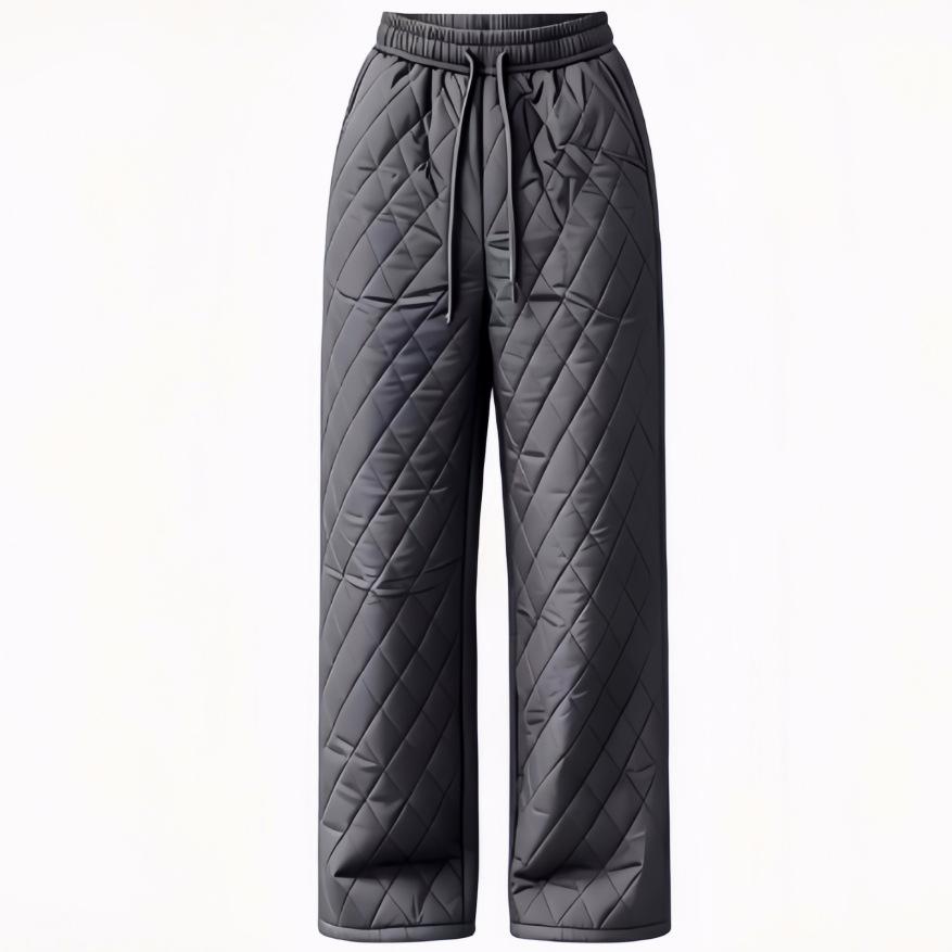 Diamond Quilted Sherpa Lined Drawstring Wide Leg Pants - Grey