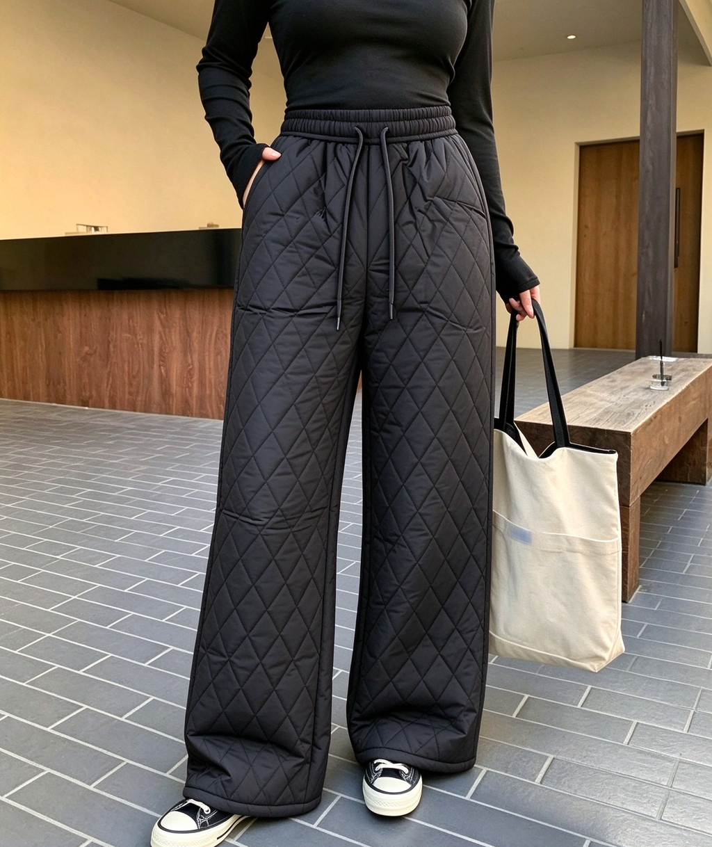 Diamond Quilted Sherpa Lined Drawstring Wide Leg Pants - Grey - 1