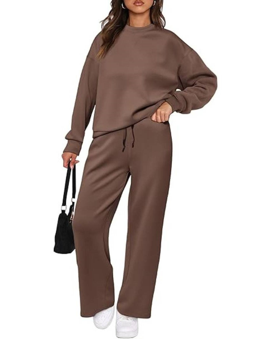 Drawstring Wide Leg Pants And Pullover Set - Coffee