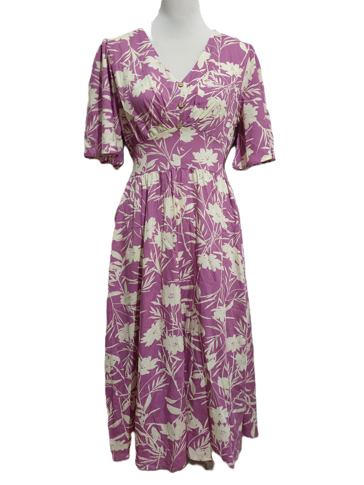 Floral Print Flutter Sleeve Midi Dress - Purple