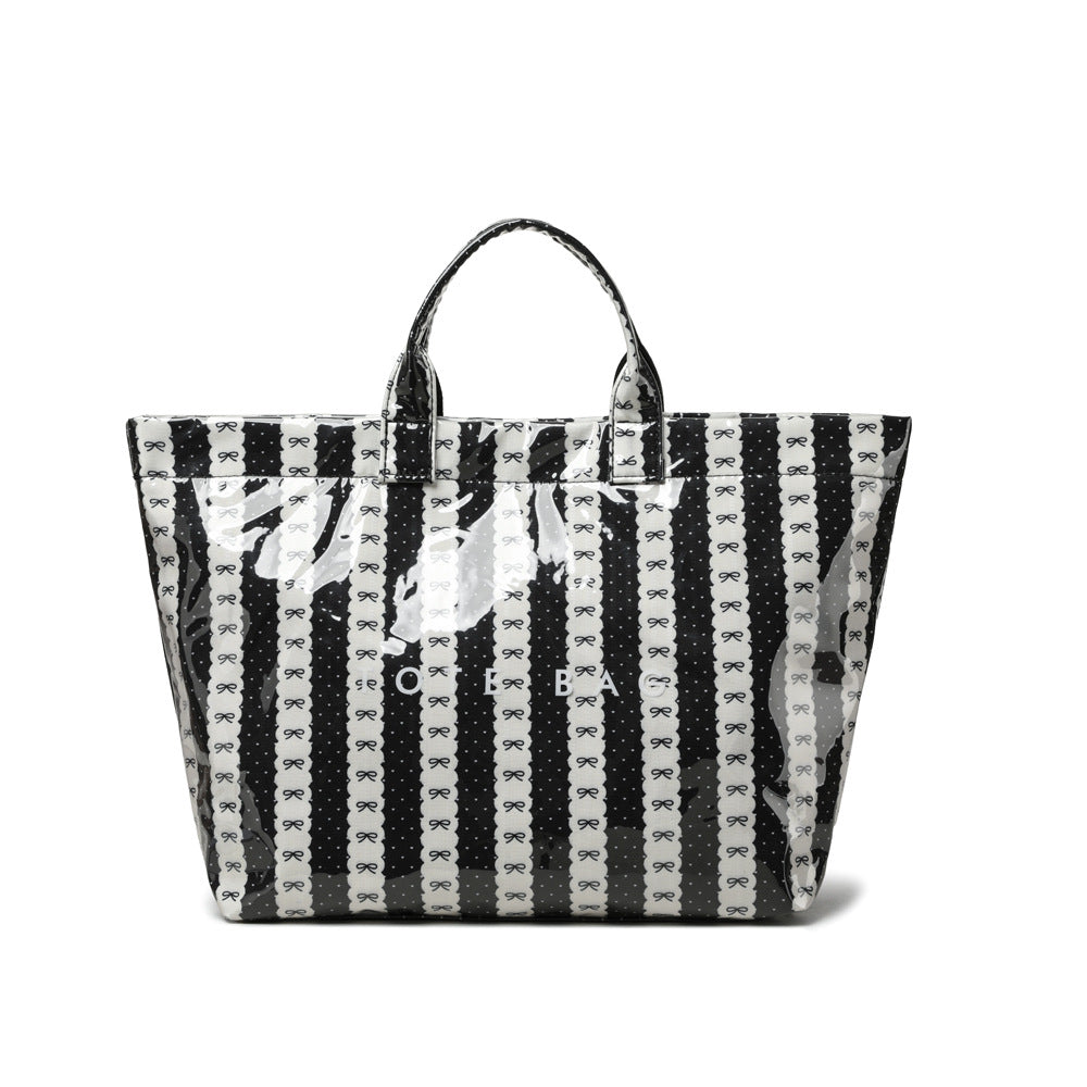 Bow Print Striped Waterproof PVC Tote Bag - Black