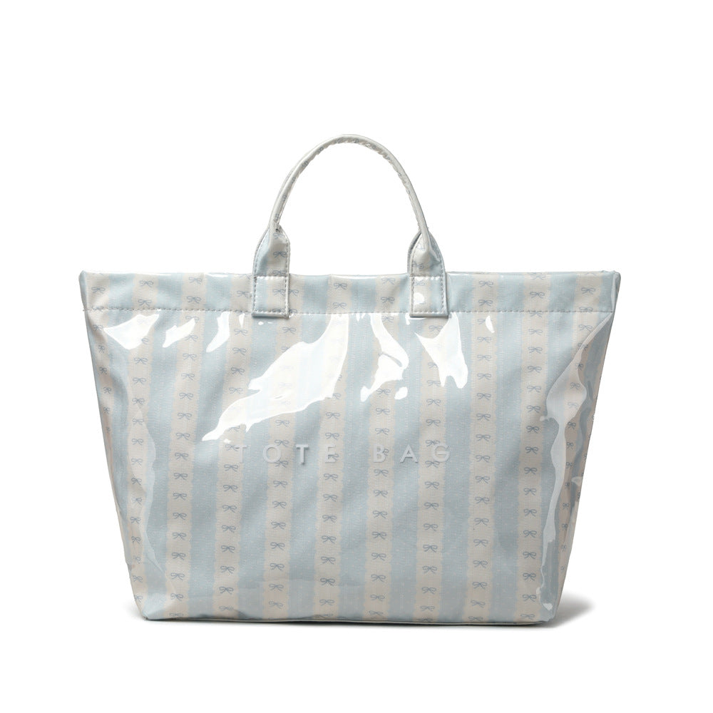 Bow Print Striped Waterproof PVC Tote Bag - Blue