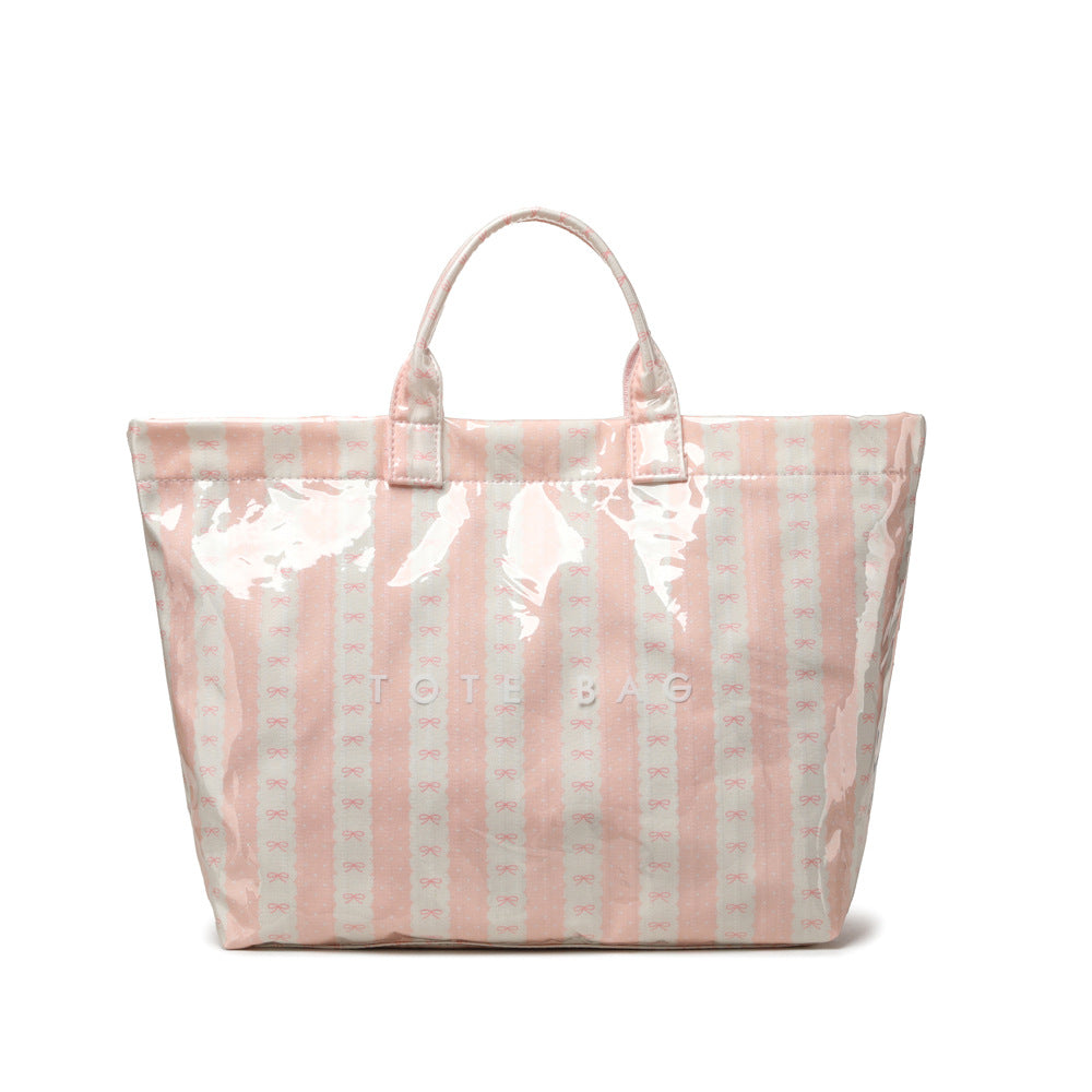 Bow Print Striped Waterproof PVC Tote Bag - Pink