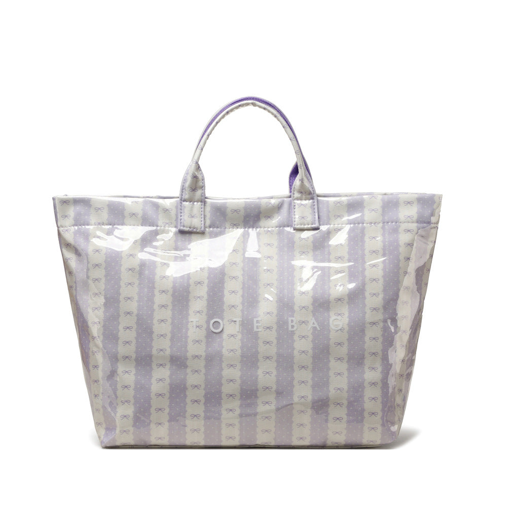 Bow Print Striped Waterproof PVC Tote Bag - Purple