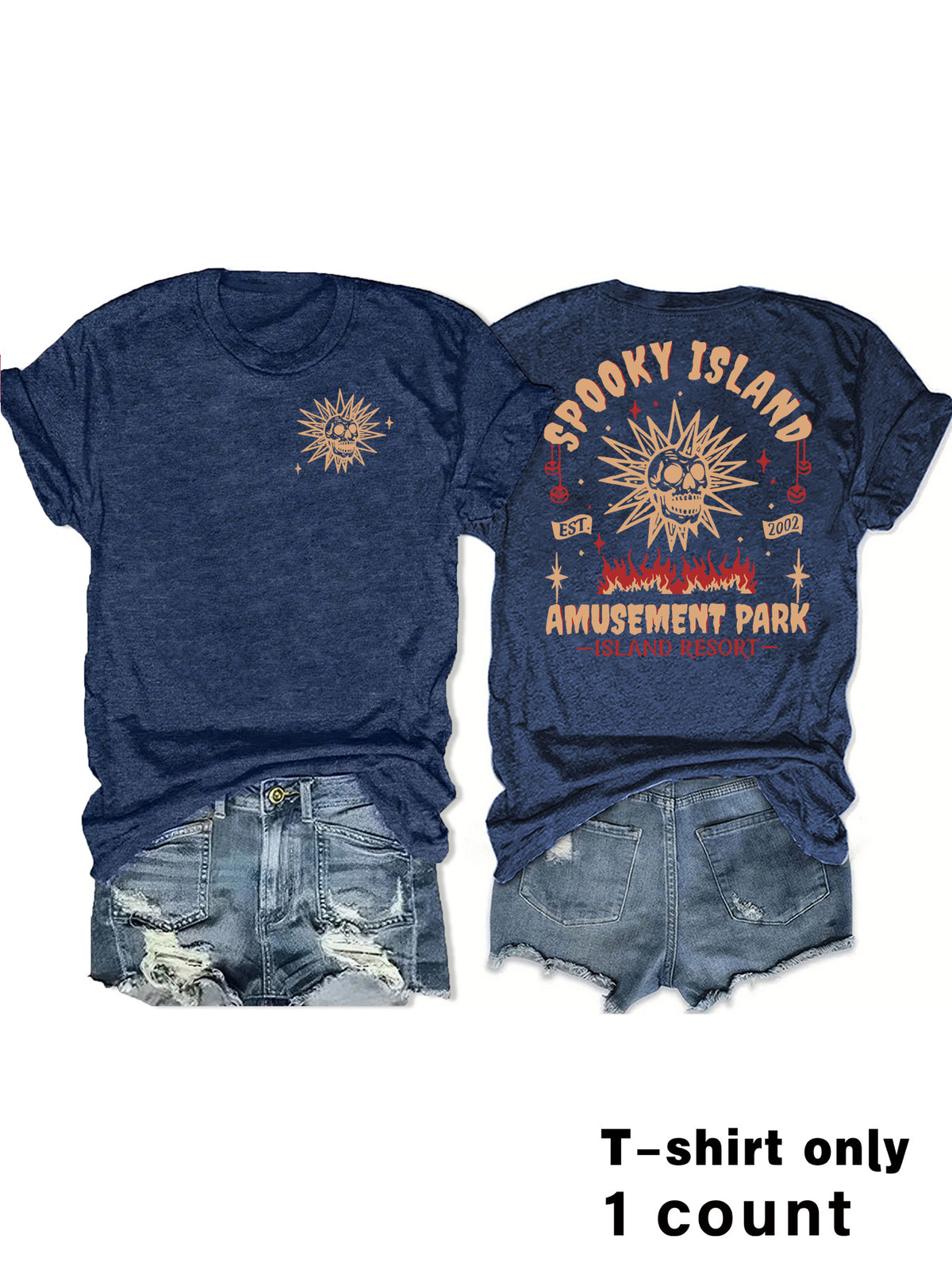 Retro Sunburst Spooky Graphic Tee - Dark Blue