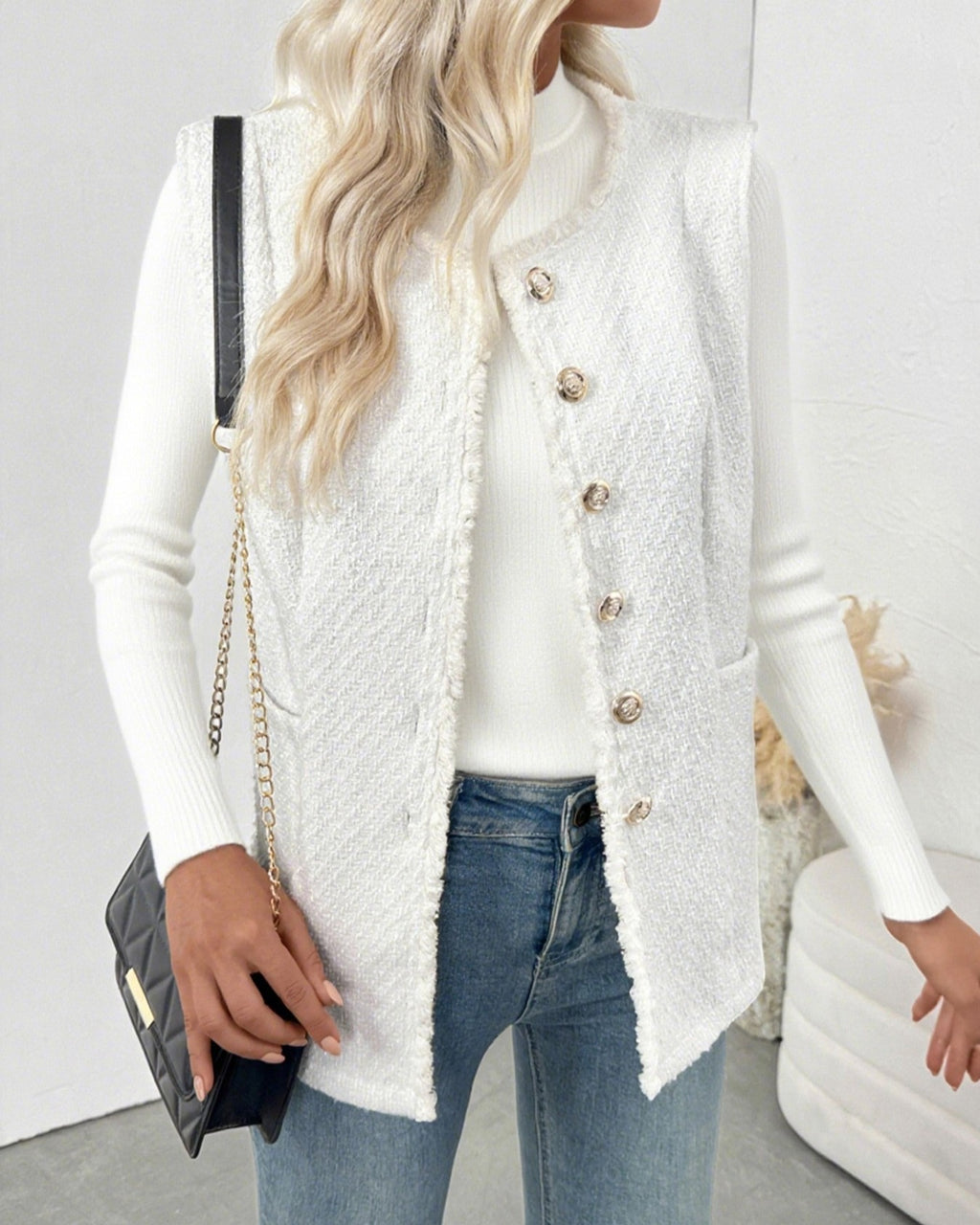 Textured Weave Collarless Longline Vest - White - 1