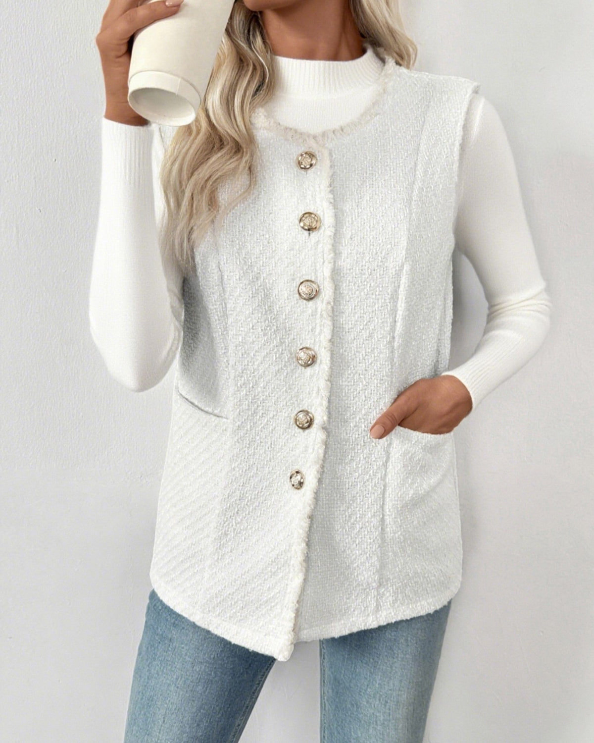 Textured Weave Collarless Longline Vest - White - 2