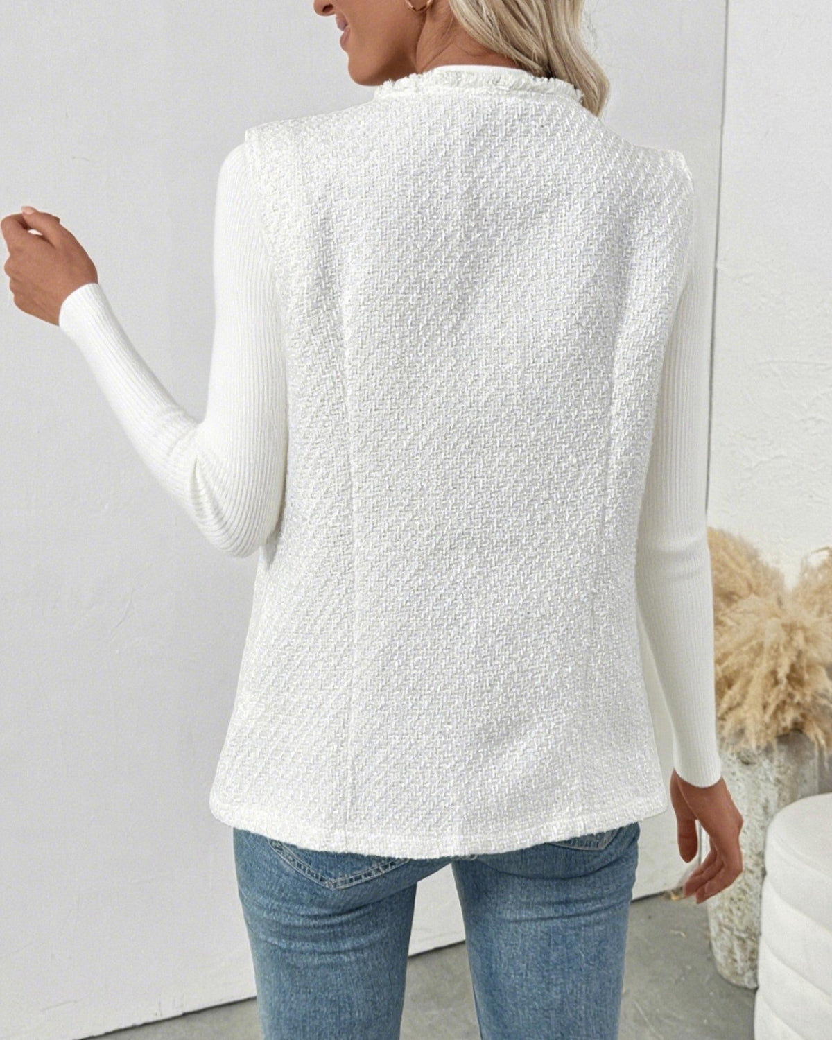 Textured Weave Collarless Longline Vest - White - 3