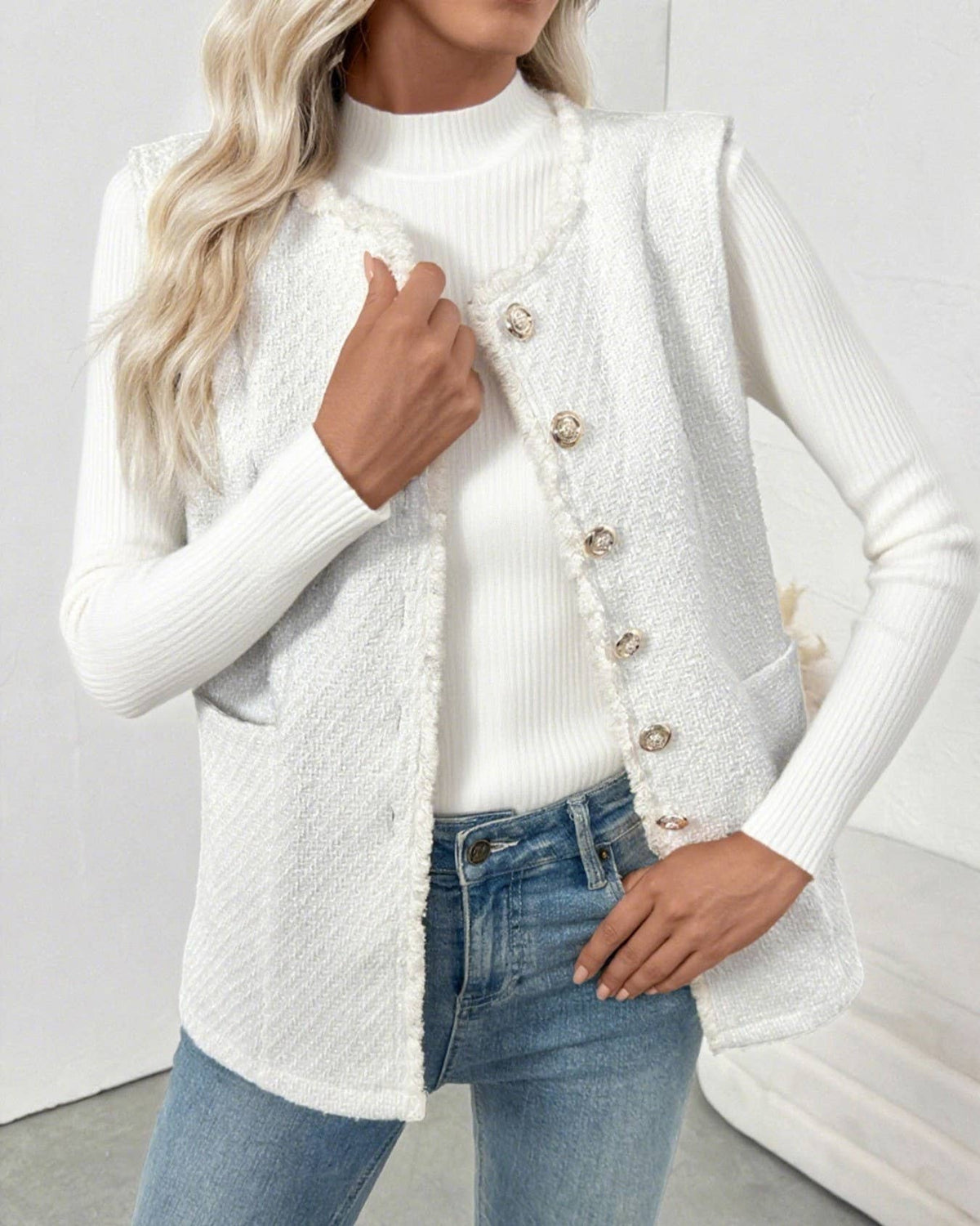 Textured Weave Collarless Longline Vest