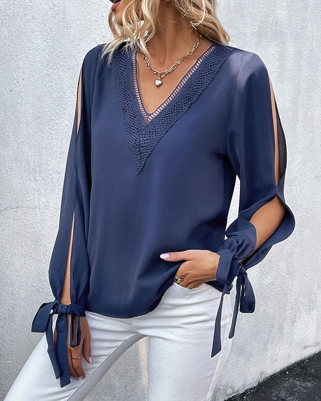 Lace Trim Split Sleeve V Neck Blouse - Blue