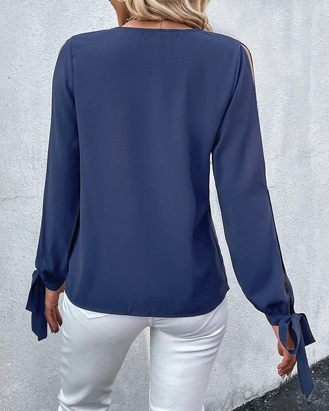 Lace Trim Split Sleeve V Neck Blouse - Blue - 3