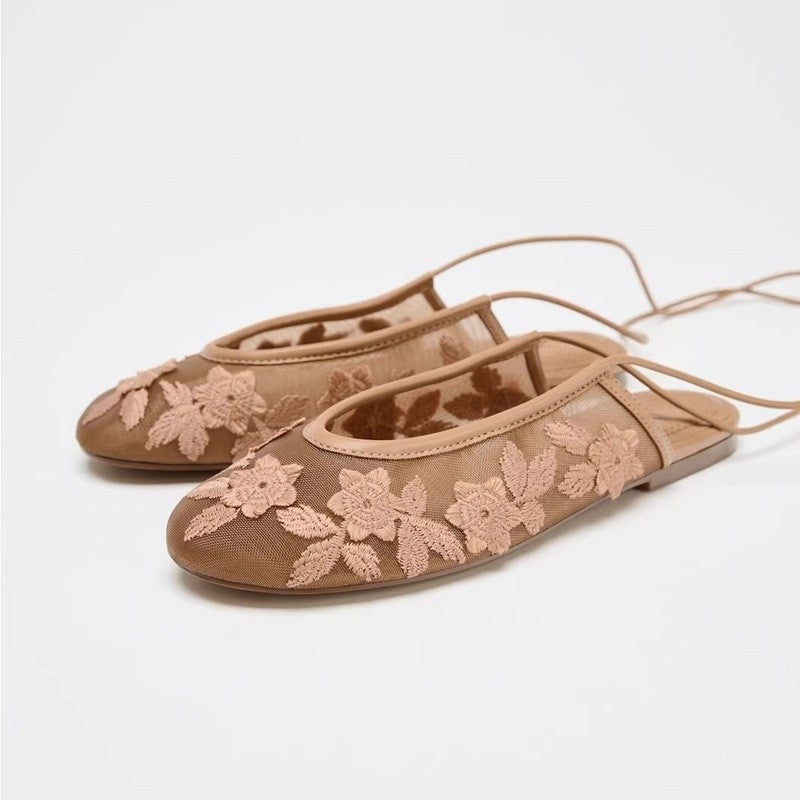 Embroidered Mesh Ankle Tie Ballet Flats