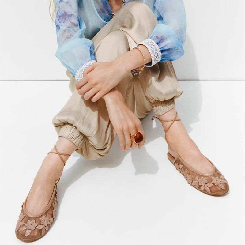 Embroidered Mesh Ankle Tie Ballet Flats