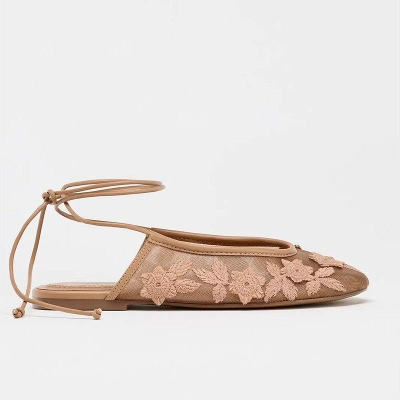 Embroidered Mesh Ankle Tie Ballet Flats
