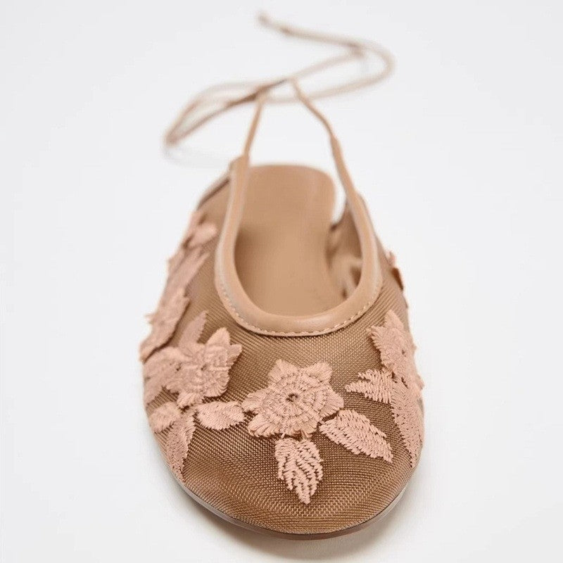 Embroidered Mesh Ankle Tie Ballet Flats