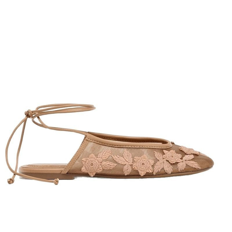 Embroidered Mesh Ankle Tie Ballet Flats