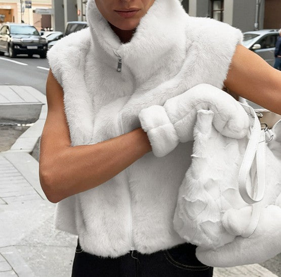 Plush Faux Fur High Neck Zip Vest - White