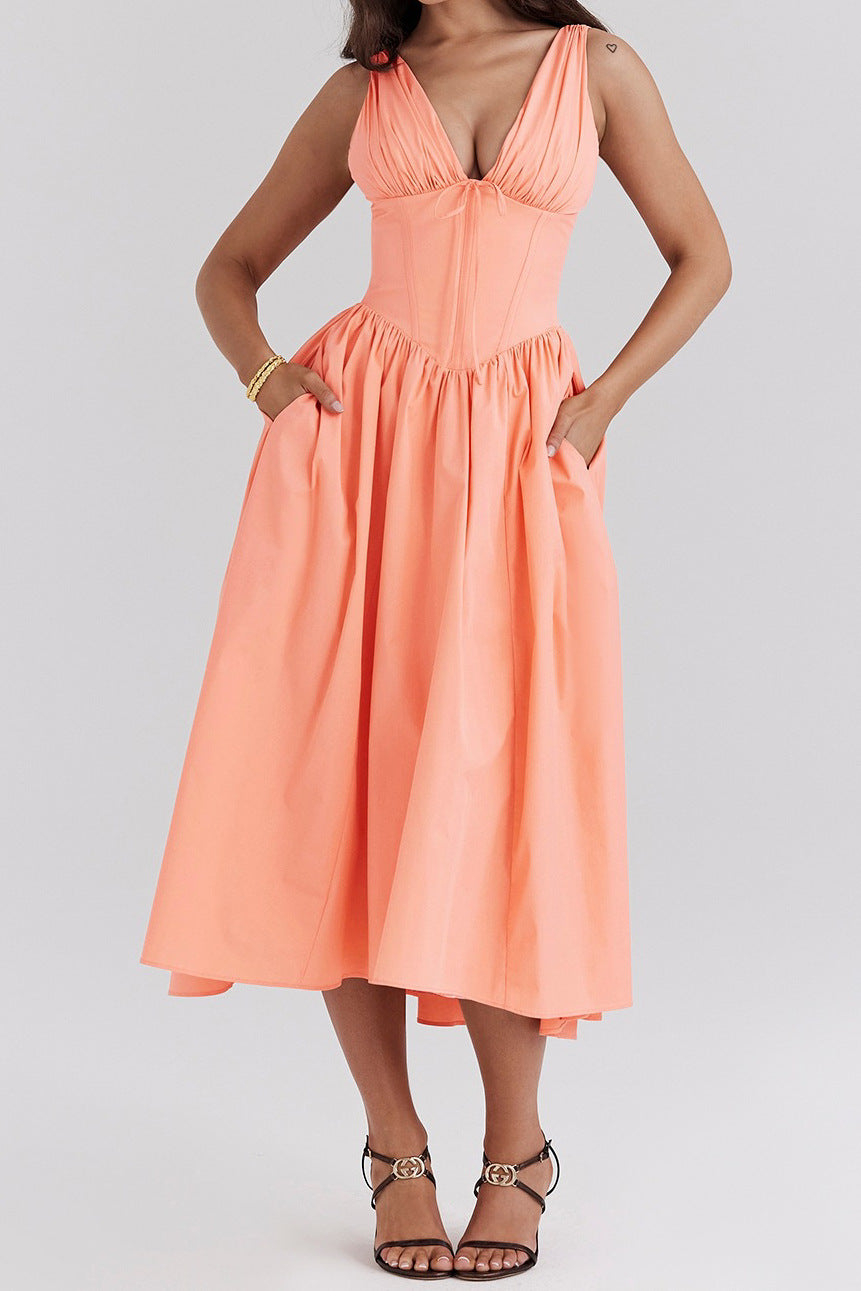 Plunge Neck Fit and Flare Midi Dress - Orange