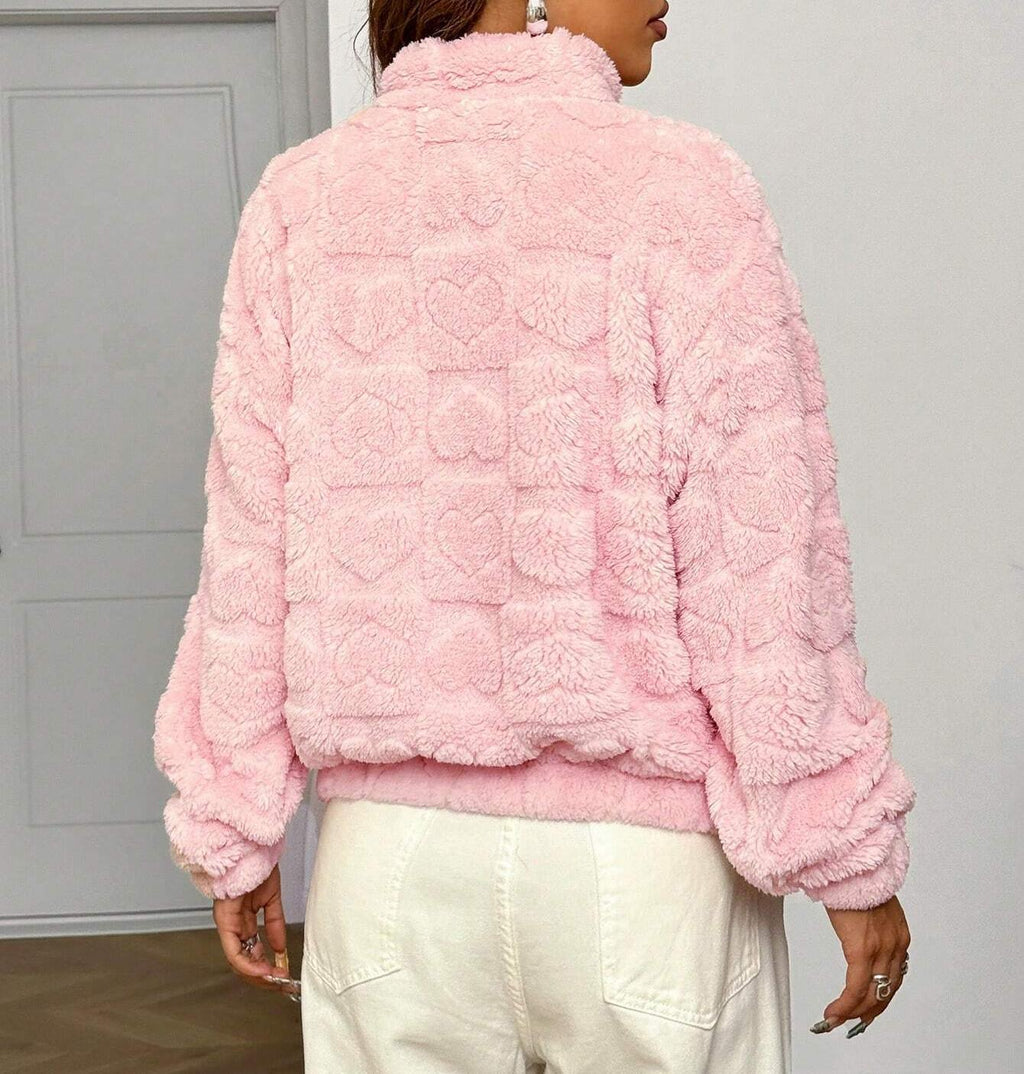 Heart Textured Plush Stand Collar Crop Jacket - Pink - 1