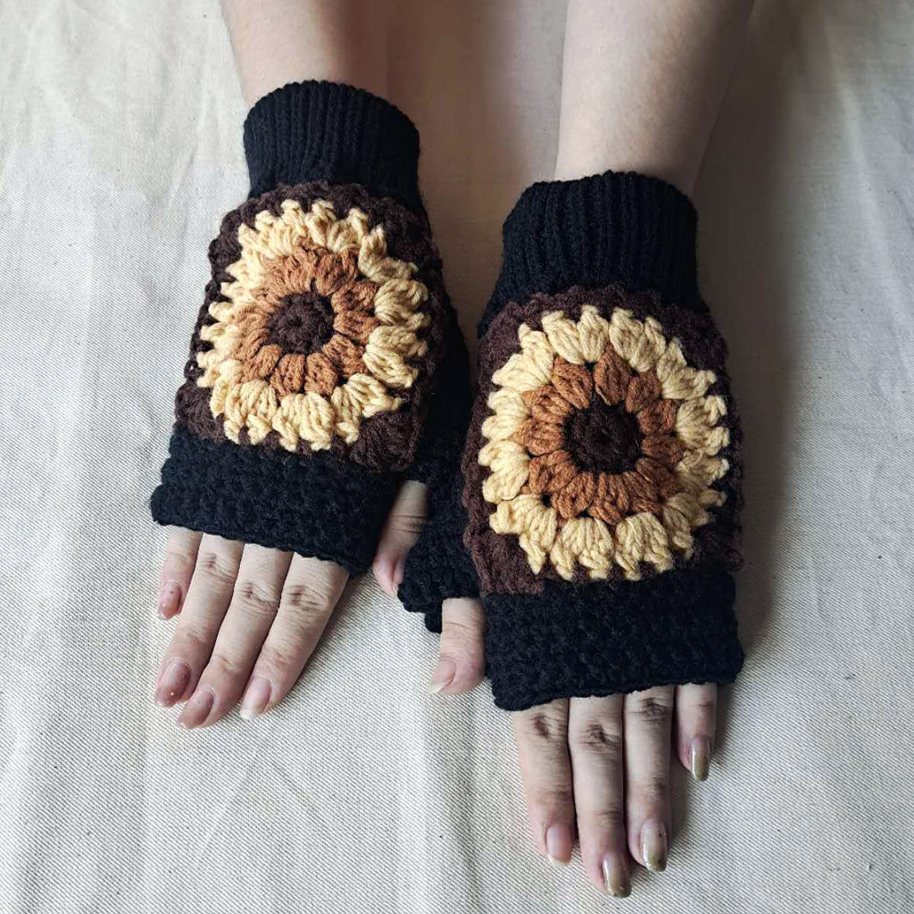 Granny Square Sunflower Fingerless Knit Gloves - Black