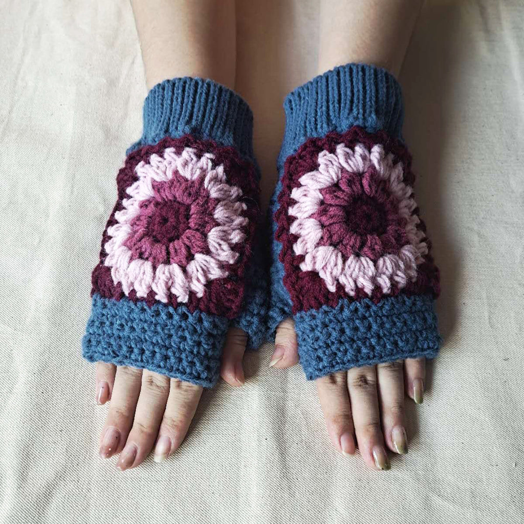Granny Square Sunflower Fingerless Knit Gloves - Blue