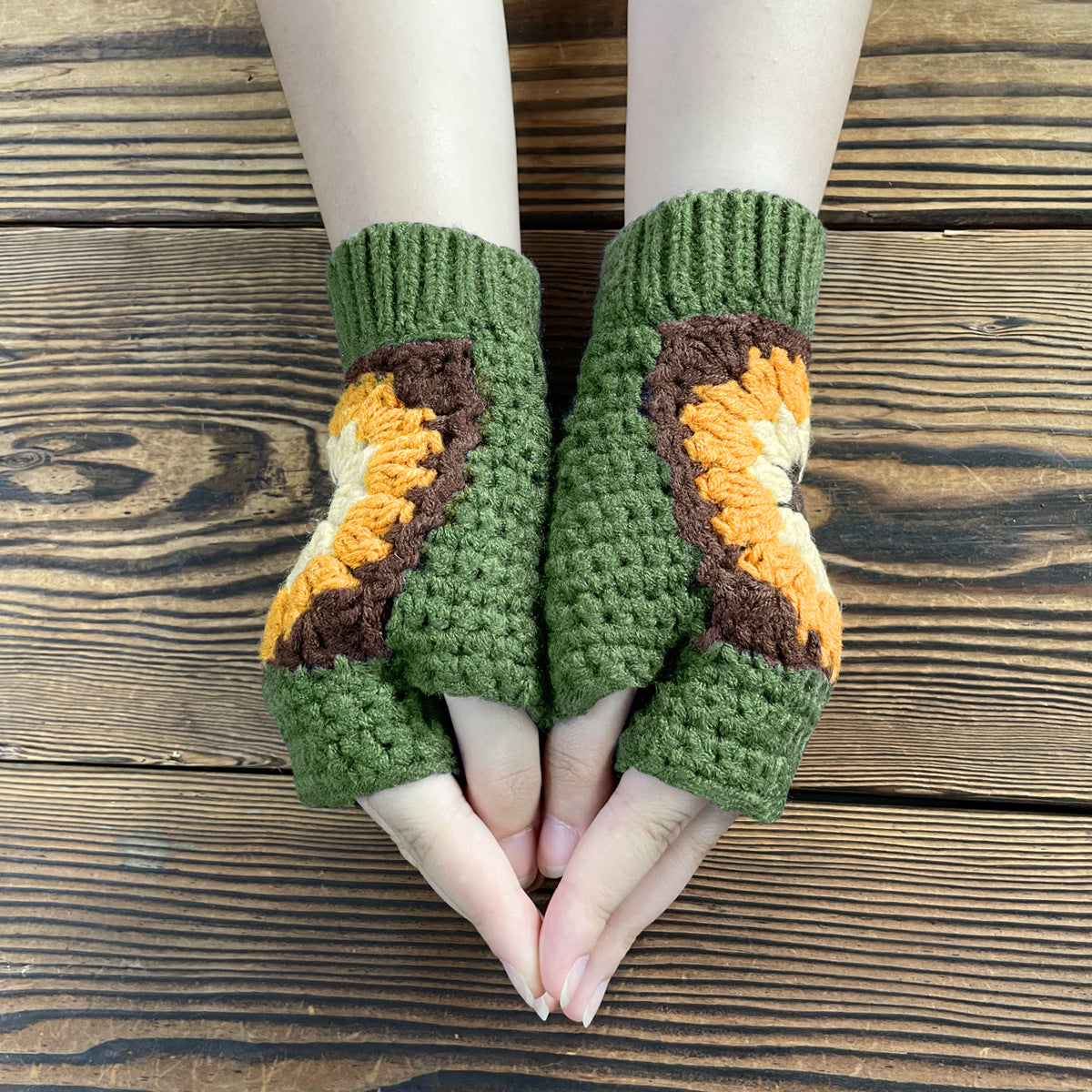 Granny Square Sunflower Fingerless Knit Gloves - Green - 1