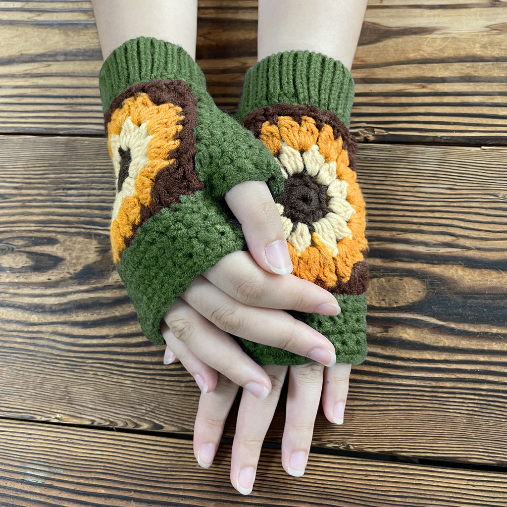 Granny Square Sunflower Fingerless Knit Gloves - Green - 2
