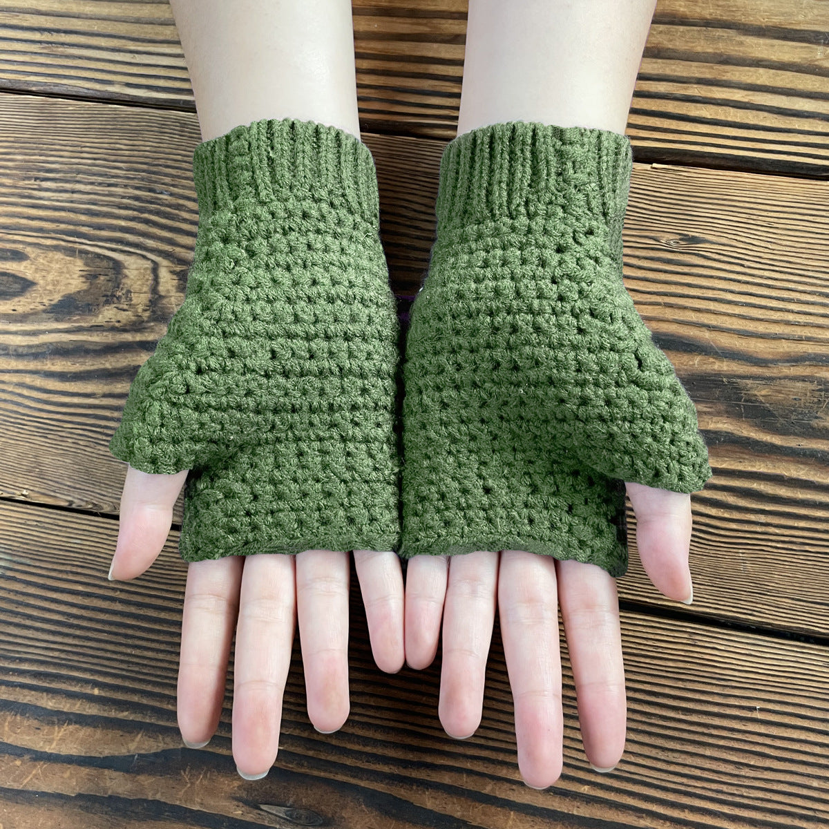Granny Square Sunflower Fingerless Knit Gloves - Green - 3