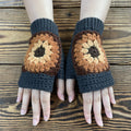 Granny Square Sunflower Fingerless Knit Gloves - Grey