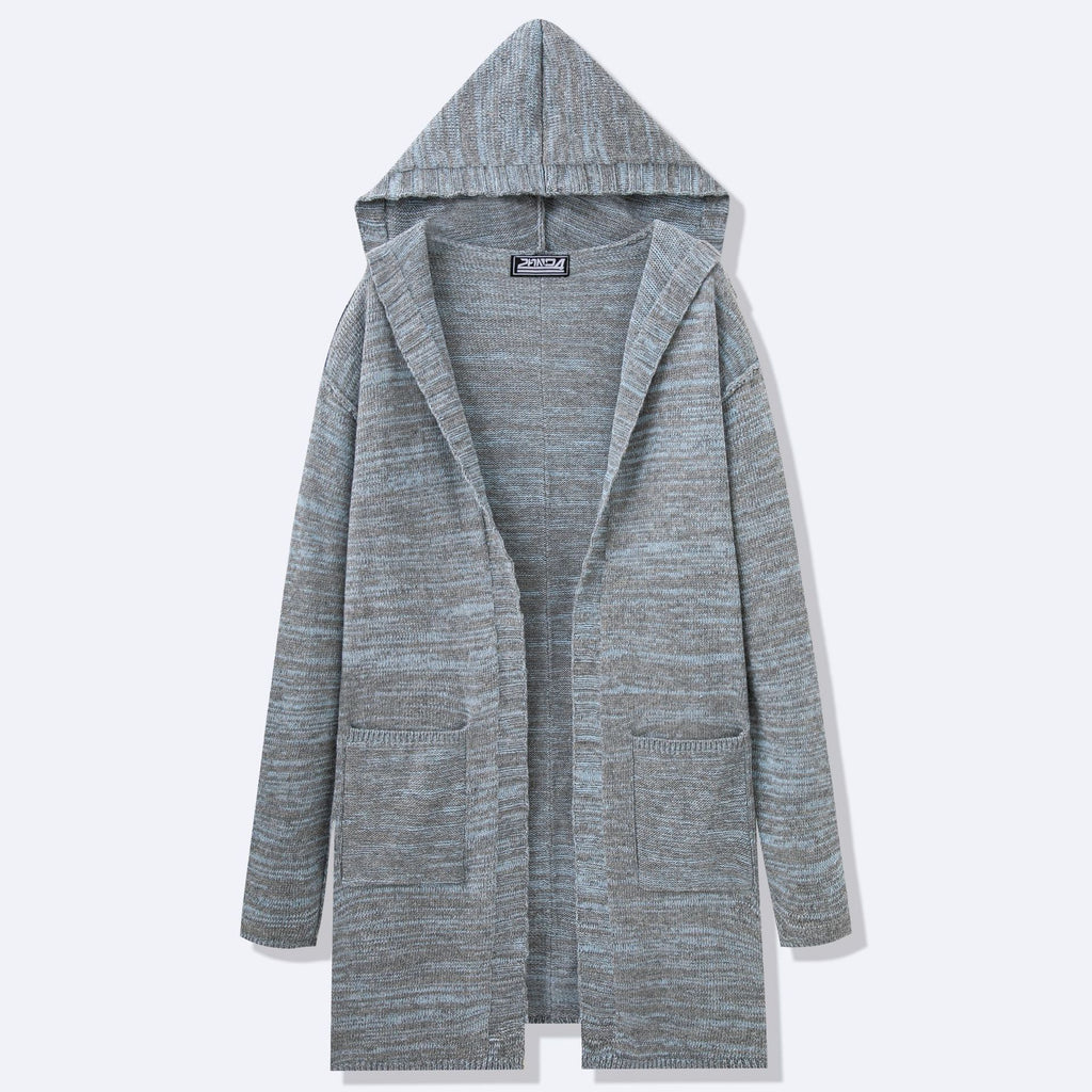 Longline Hooded Open Front Knit Cardigan - Grey - 1
