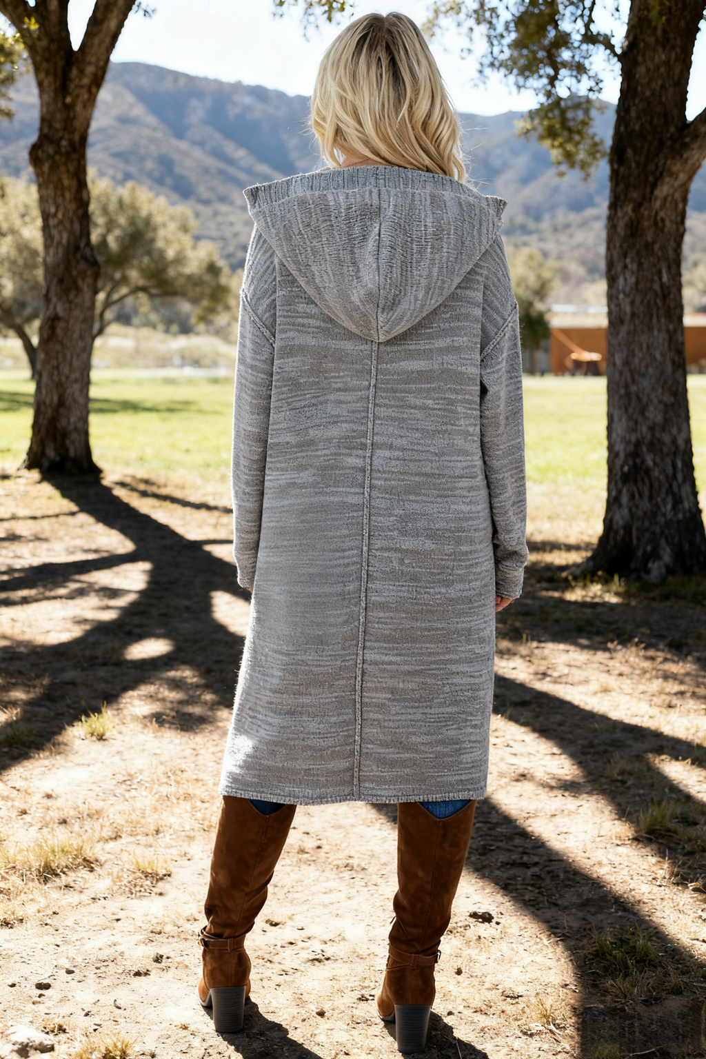 Longline Hooded Open Front Knit Cardigan - Grey - 2