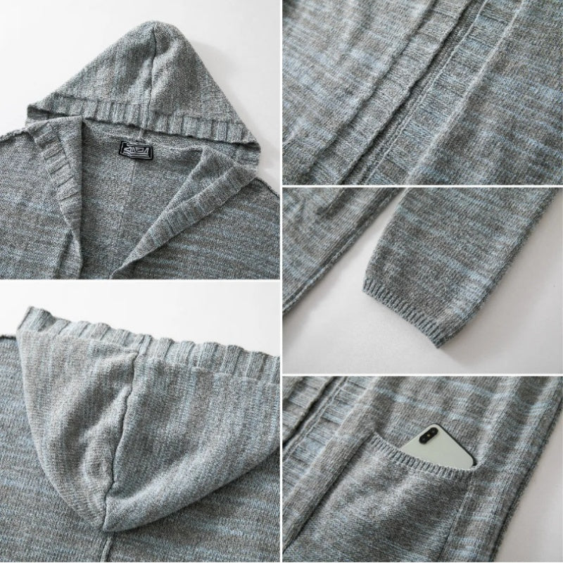 Longline Hooded Open Front Knit Cardigan - Grey - 4