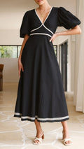 Contrast Trim Puff Sleeve Maxi Dress - black