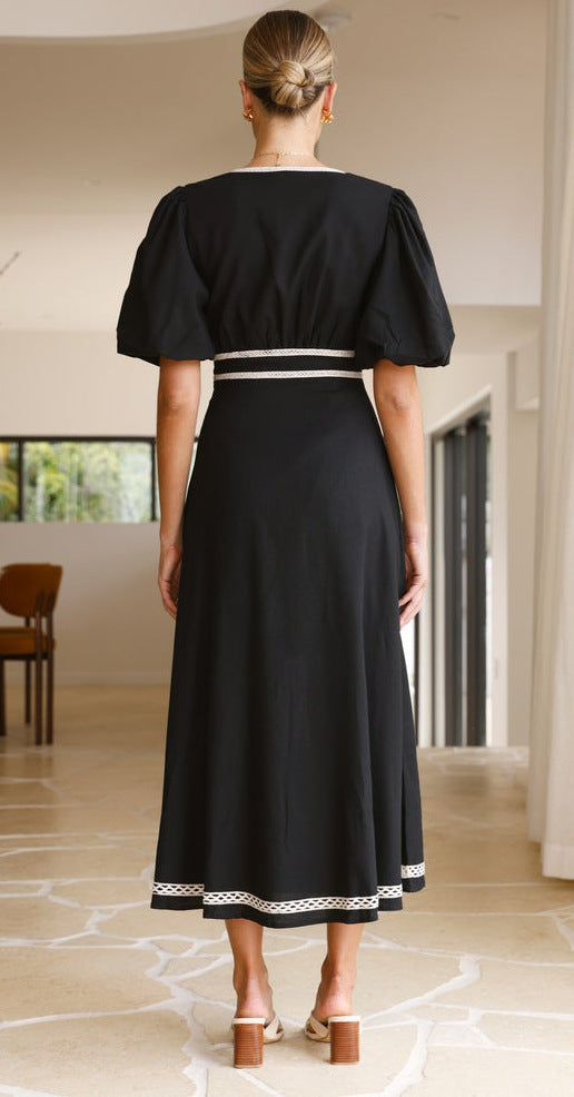 Contrast Trim Puff Sleeve Maxi Dress - black - 1