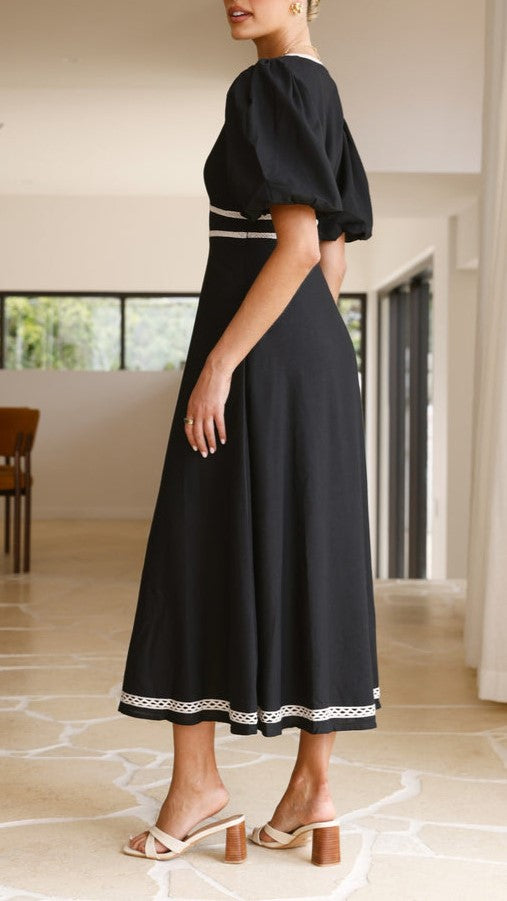 Contrast Trim Puff Sleeve Maxi Dress - black - 2
