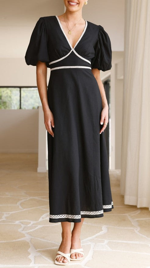 Contrast Trim Puff Sleeve Maxi Dress - black - 3