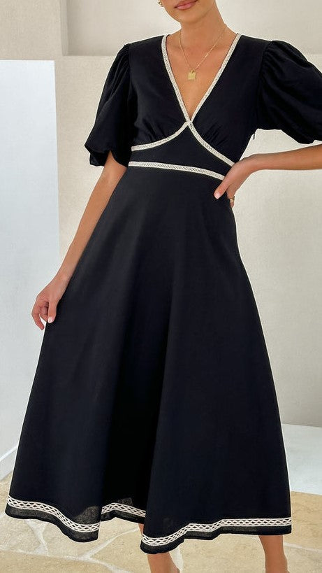 Contrast Trim Puff Sleeve Maxi Dress - black - 4