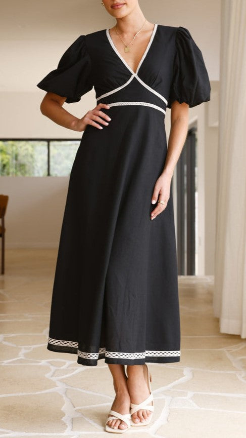 Contrast Trim Puff Sleeve Maxi Dress - black - 5