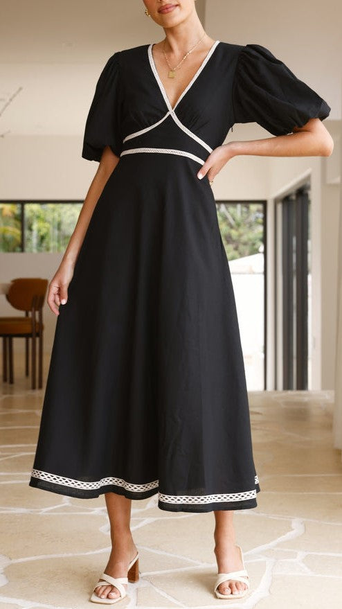 Contrast Trim Puff Sleeve Maxi Dress - black - 6