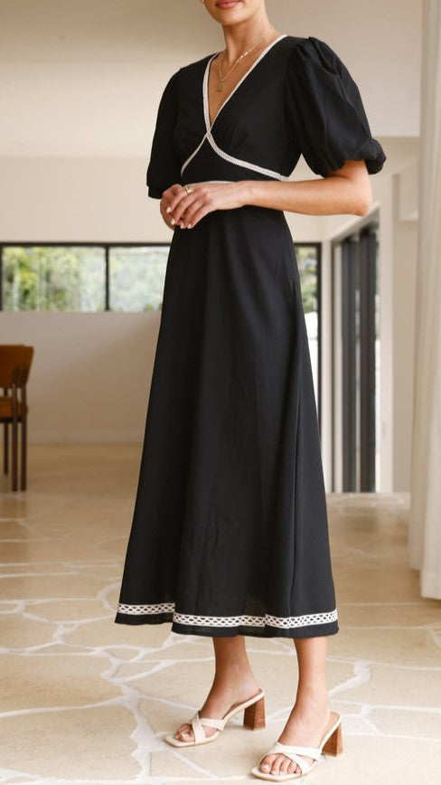 Contrast Trim Puff Sleeve Maxi Dress - black - 7