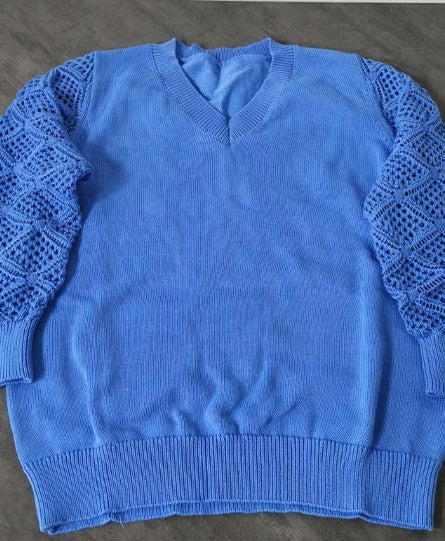 Pointelle Sleeve V Neck Knit Top - Blue - 1