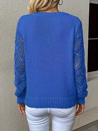 Pointelle Sleeve V Neck Knit Top - Blue - 2