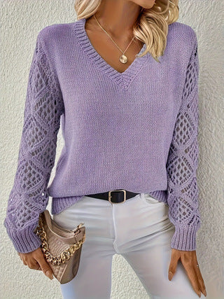 Pointelle Sleeve V Neck Knit Top - Purple
